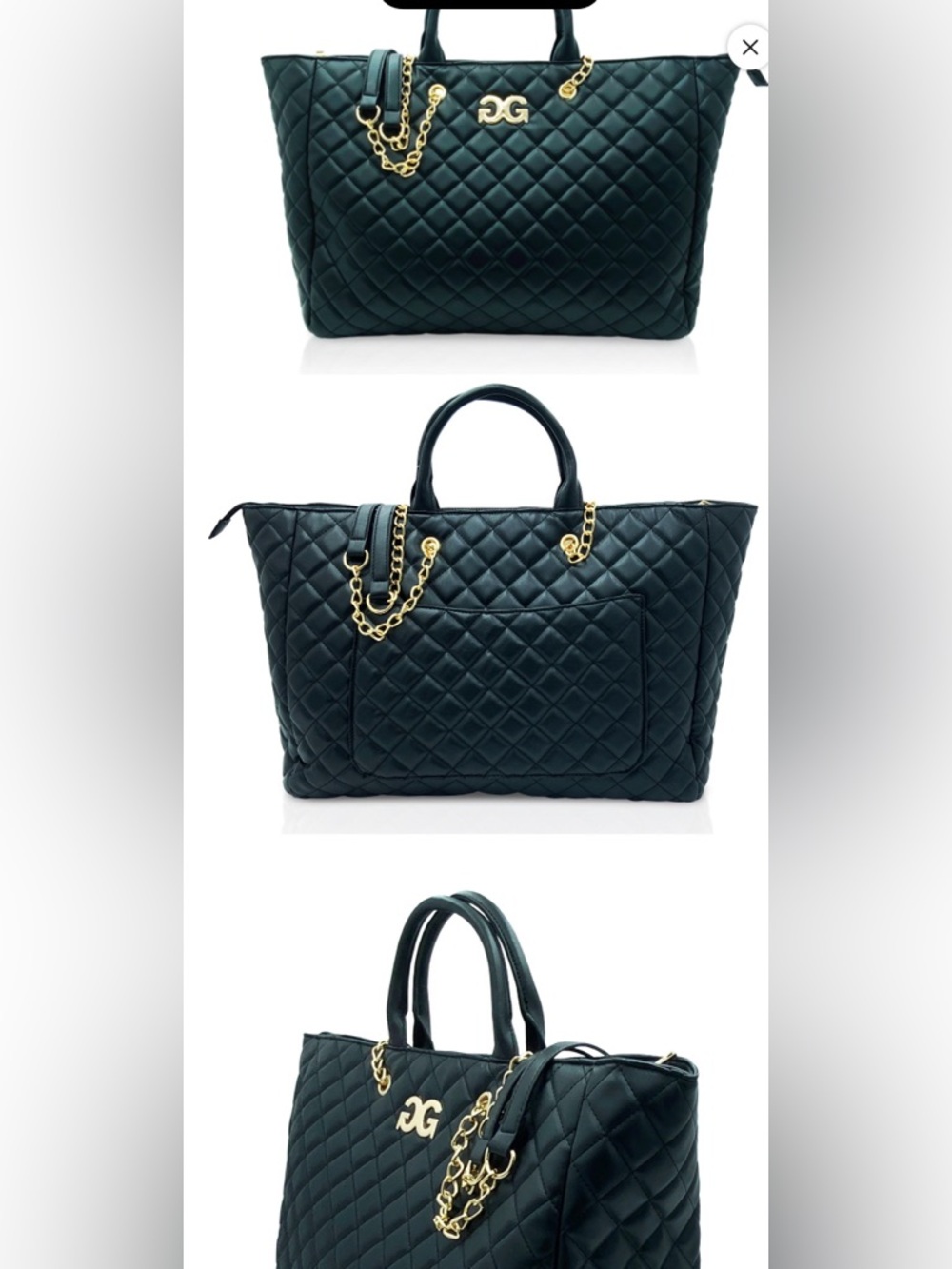 Quilted Black Tote with Gold Chain Detail